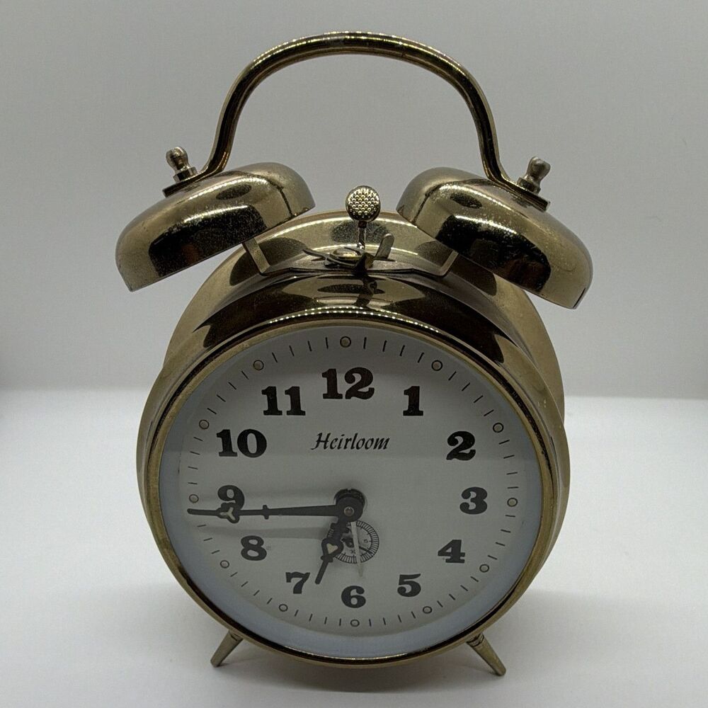 Heirloom Gold Metal Twin Bell Analog Alarm Clock Round Made in Romania